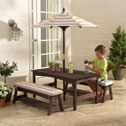 KidKraft Outdoor Wooden Table & Bench Set with Cushions and Umbrella, Kids Backyard Furniture, Espresso with Oatmeal and White Stripe Fabric