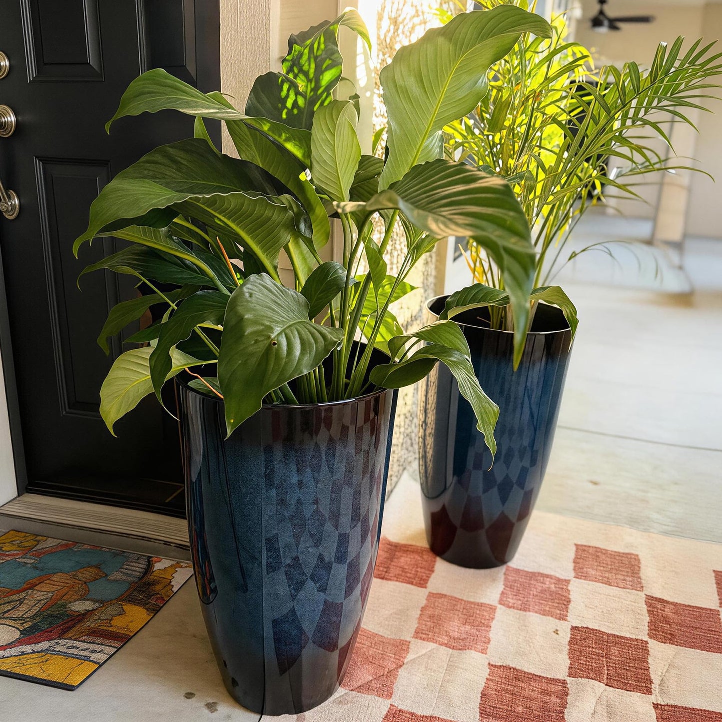 Autodaya 23.8" Large Tall Planters Set of 2 Plant Pot Plastic Flower Pots Outdoor Gradient Cobalt Blue Finish Front Porch Decor Pot Weather-Resistant & Lightweight for Garden, Patio, Deck, Indoor