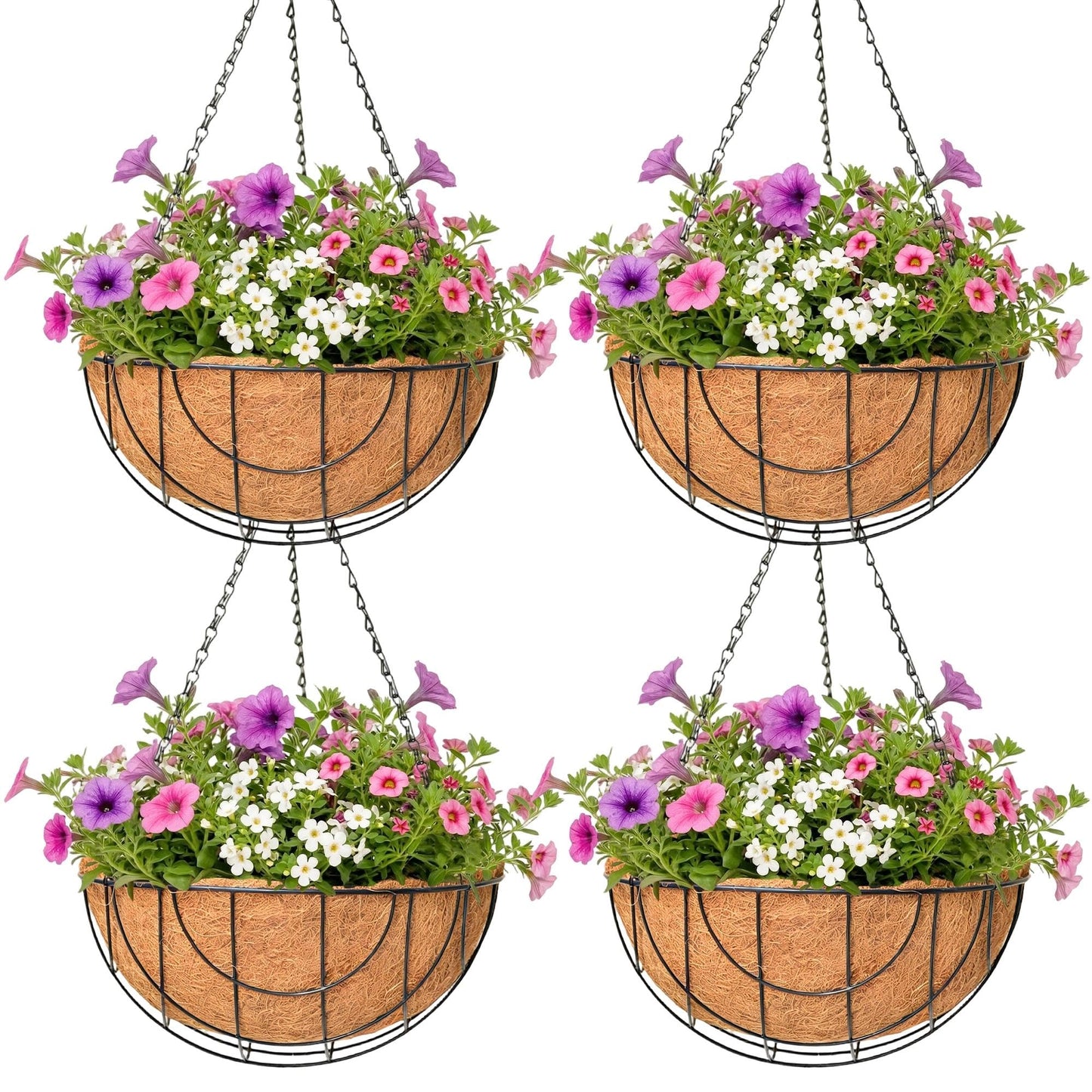 4 Pack Hanging Planter for Outdoor Plants 14 inch Metal Hanging Flower Basket with Coco Coir Liner Round Wire Plant Holder Chain Flower Pots Outdoor Garden Decoration Watering Hanging Baskets（DQ）