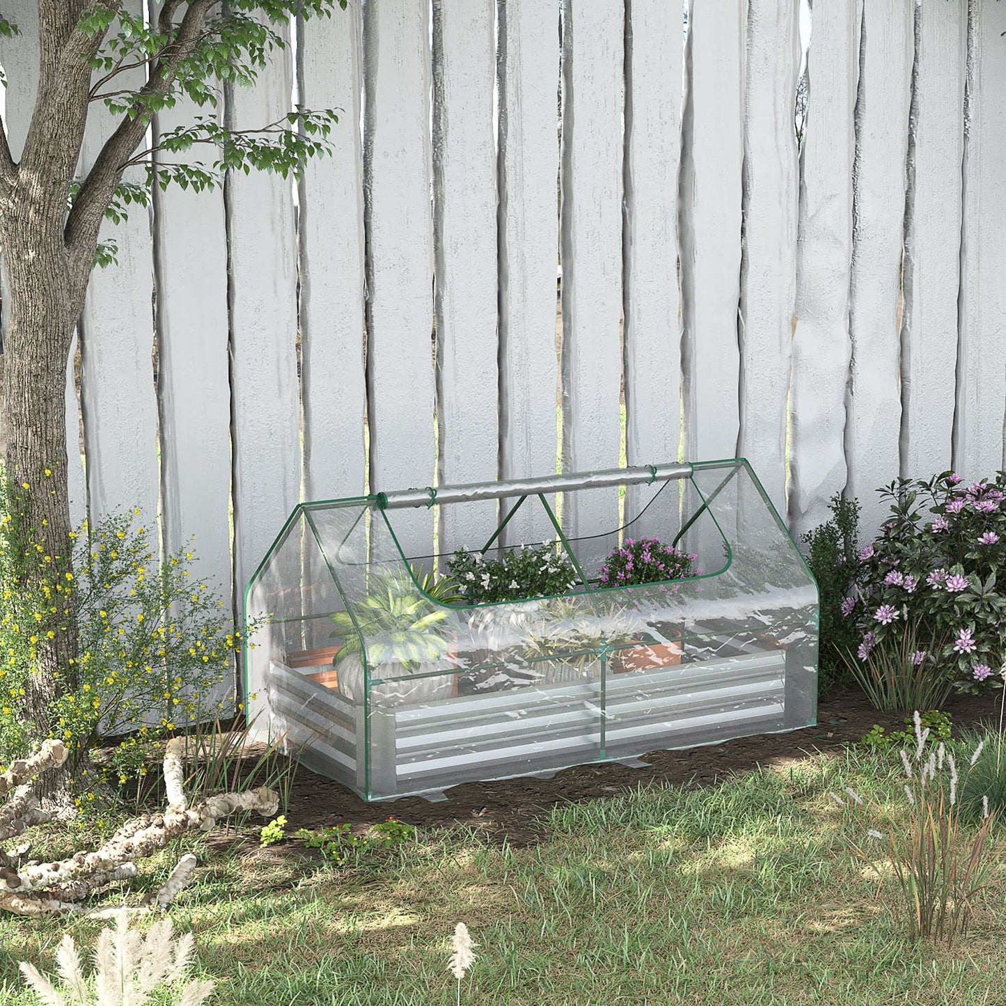 6' x 3' Galvanized Raised Garden Bed with Mini PVC Greenhouse Cover, Outdoor Metal Planter Box with 2 Roll Up Windows for Growing Flowers, Fruits, Vegetables and Herbs, Silver