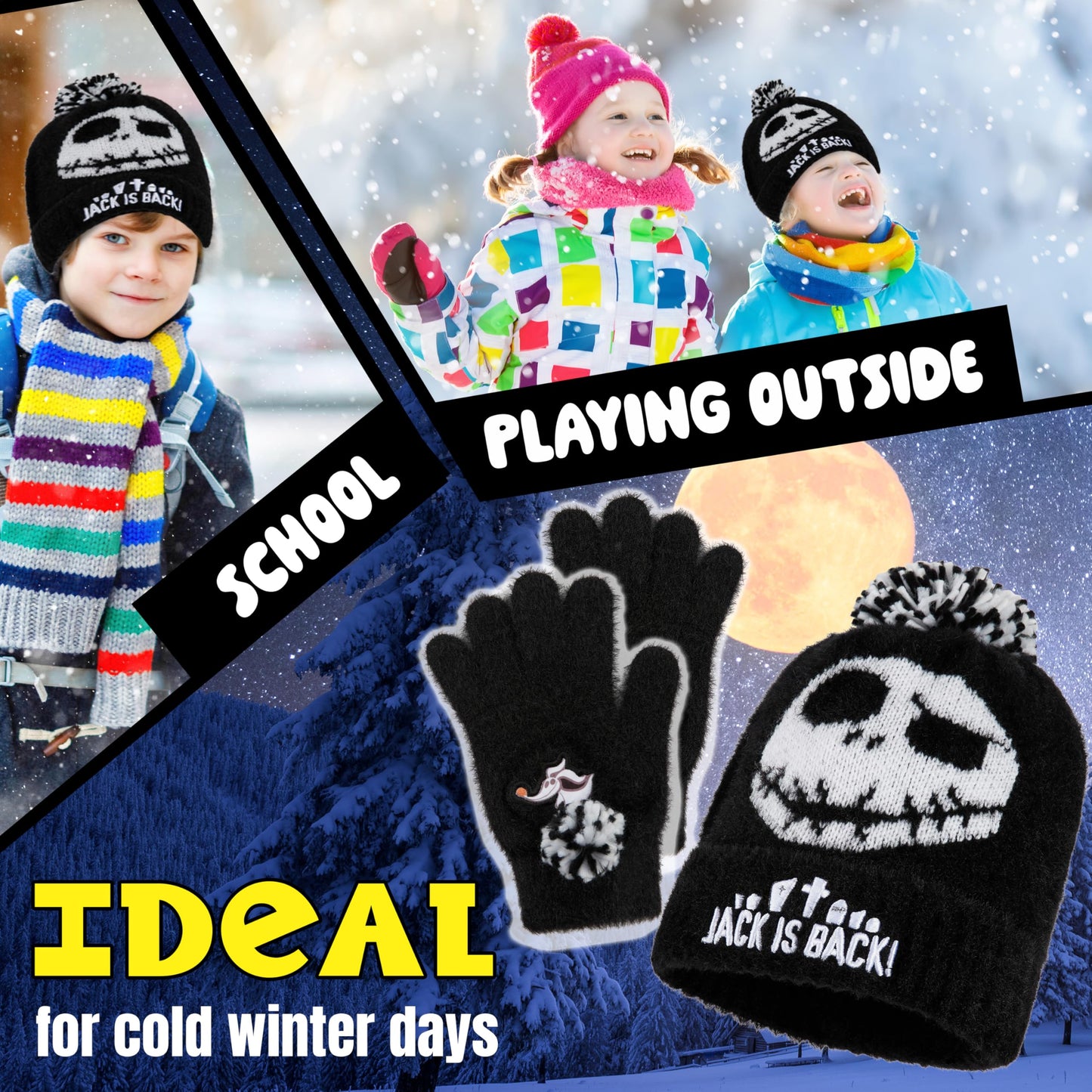 Disney The Nightmare Before Christmas Beanie Hat Gloves Set for Girls Teens, 6-14 Yrs, 2 Pc Set Travel Winter Gifts for Girls (6-14 Years, Black Jack)