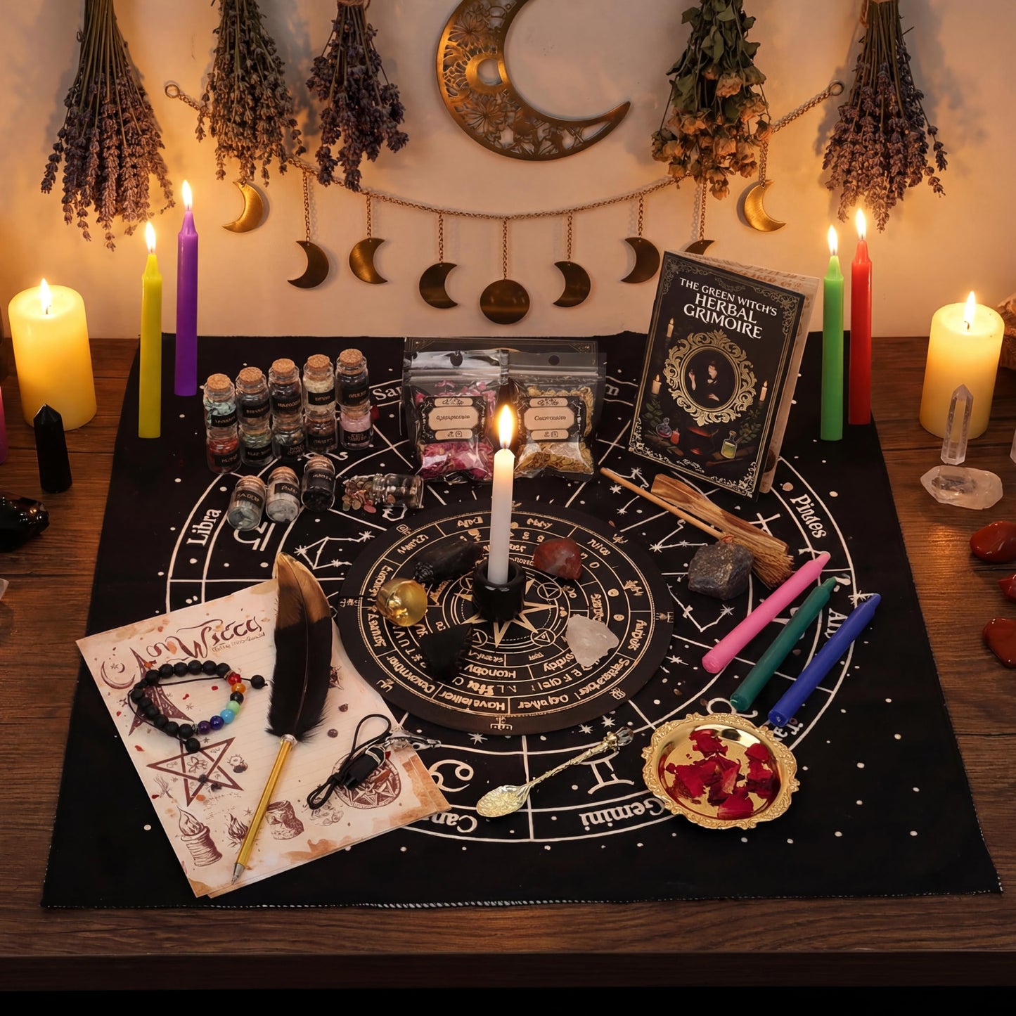 FLgengmh 90 PACK Witchcraft Kit for Beginners, Wiccan Supplies and Tools with Crystals Candles, Witch Altar Spell Set for Rituals,Energy Cleansing, Dried Flowers for Crafts, Witchy Gifts Box for Women