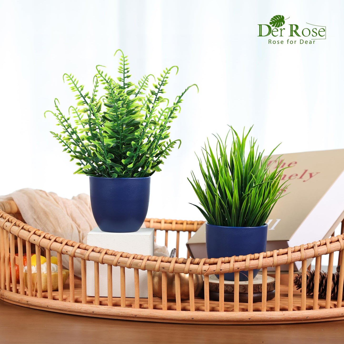 Der Rose 4 Pack Fake Plants Small Artificial Plants in Blue Pots Faux Plants Indoor for Home Kitchen Table Blue Bathroom Decor Accessories