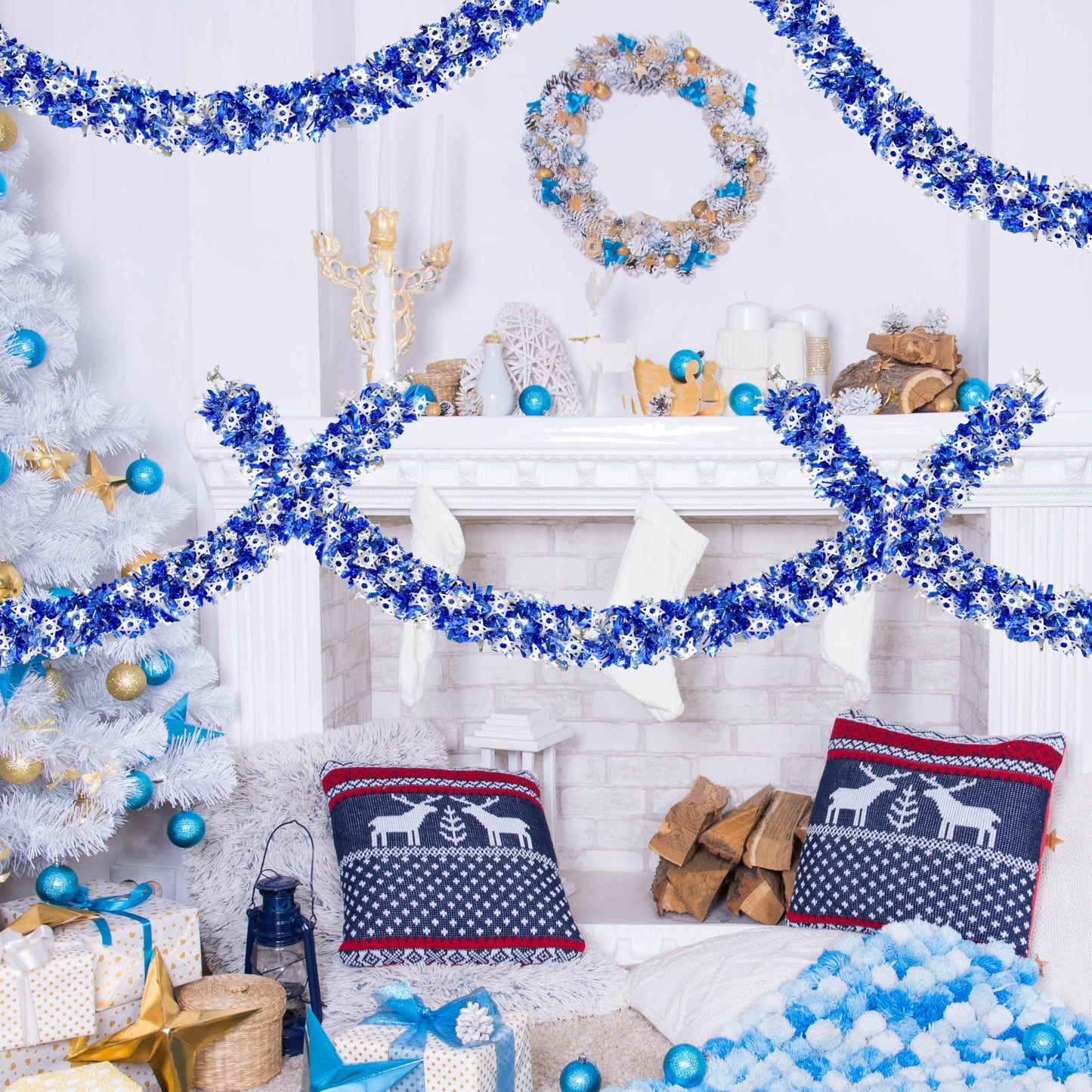 Palonu 50 Feet Hanukkah Decorations Tinsel Garland Glitter Twist Garland Metallic Menorah Ornaments Blue Metallic Streamers with Silver Star, Indoor Outdoor Chanukah Decorations Home Party Supplie