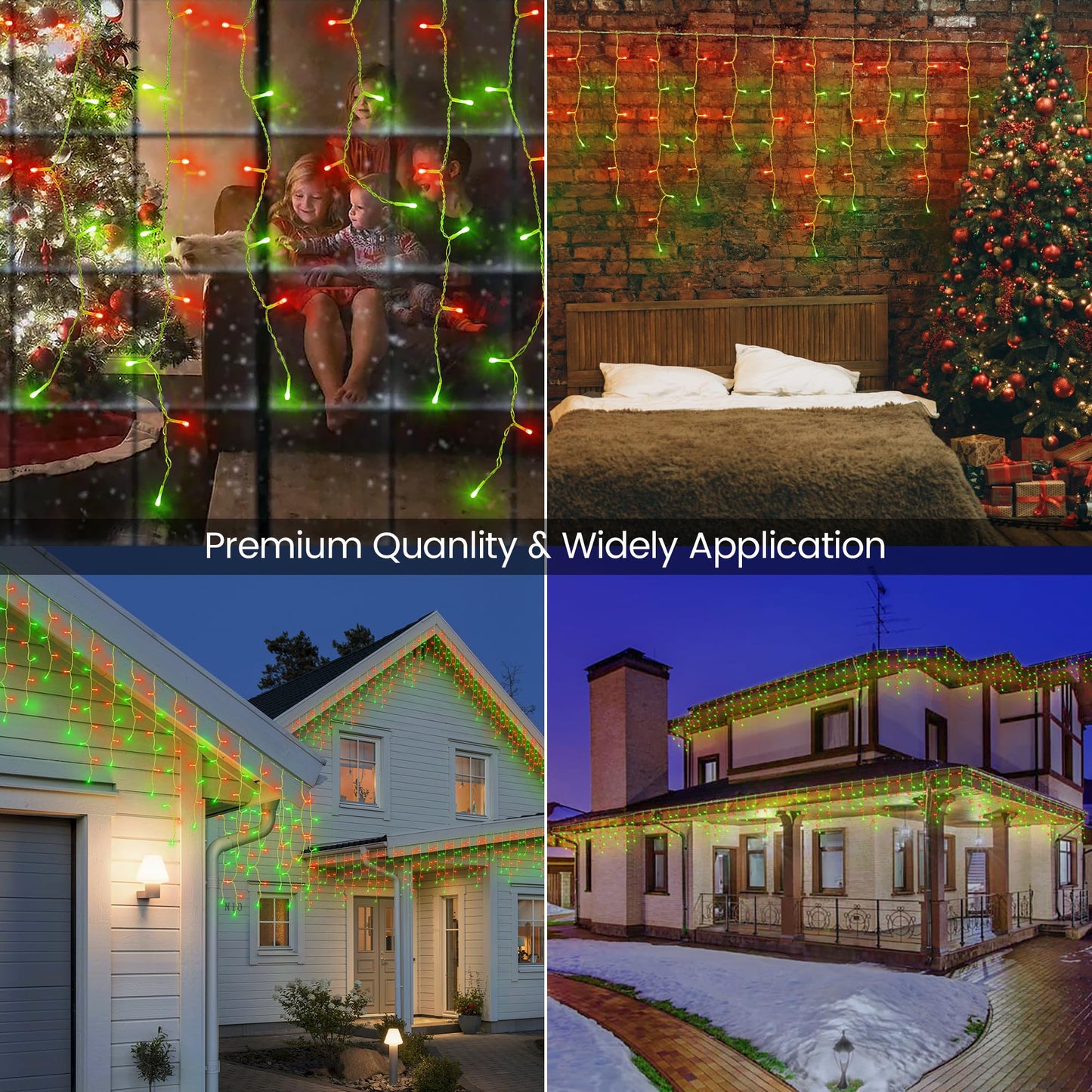 Hopolon 33FT 360L LED Christmas Icicle Lights Outdoor Waterproof,8 Modes Plug in Curtain String Lights with 60 Drops for Wedding, Party, Bedroom, Garden, Home, Wall Decorations(Red Green)