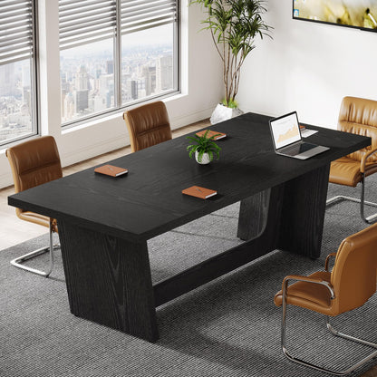 Tribesigns 6 FT Conference Table, 71" Rectangular Meeting Table for Office Conference Room, Large Executive Seminar Desk for 6-8, Wooden Business Boardroom Table with Heavy-Duty Pedestal Base, Black