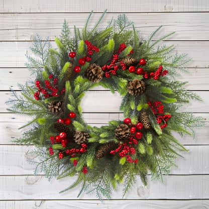 24 Inch Christmas Wreath with Red Berries, Pinecones and Greenery – Artificial Holiday Front Door Cedar Wreath for Farmhouse, Winter Indoor Outdoor Xmas Home Décor