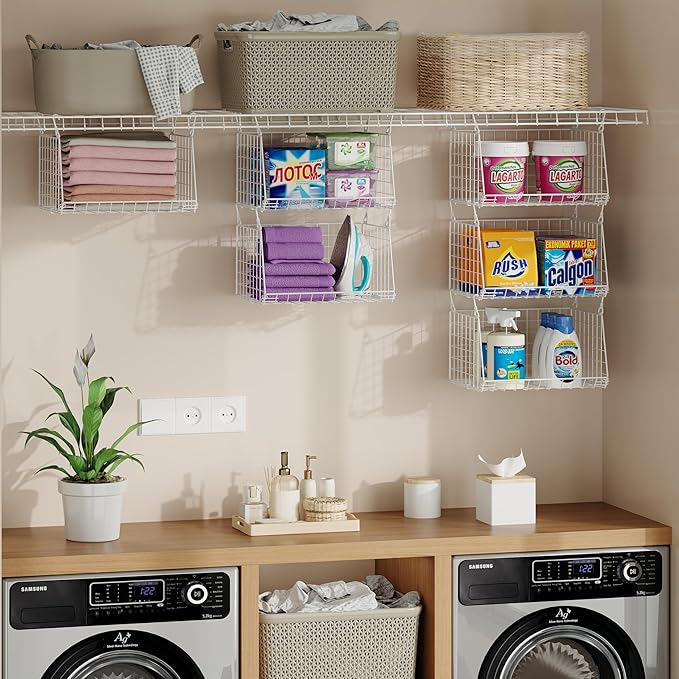 3-Tier Hanging Laundry Basket Organizer：Foldable Wire Shelf Laundry Room