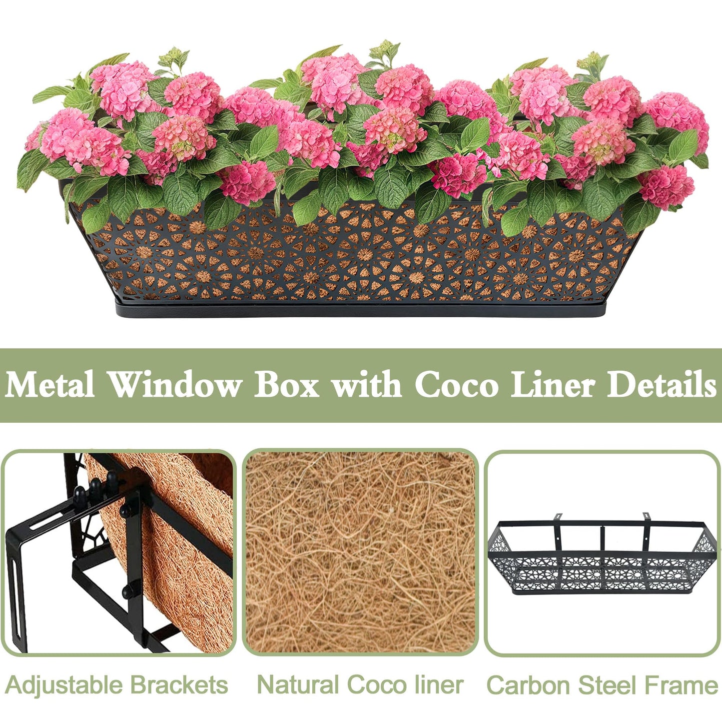 ZVOWOS Black Metal Railing Planter Window Box (2 Pack, 24 Inch) Horse Trough Planter with Coco Fiber Liner Deck Balcony Rail Planters for Porch Fence Patio Outdoor Garden Décor