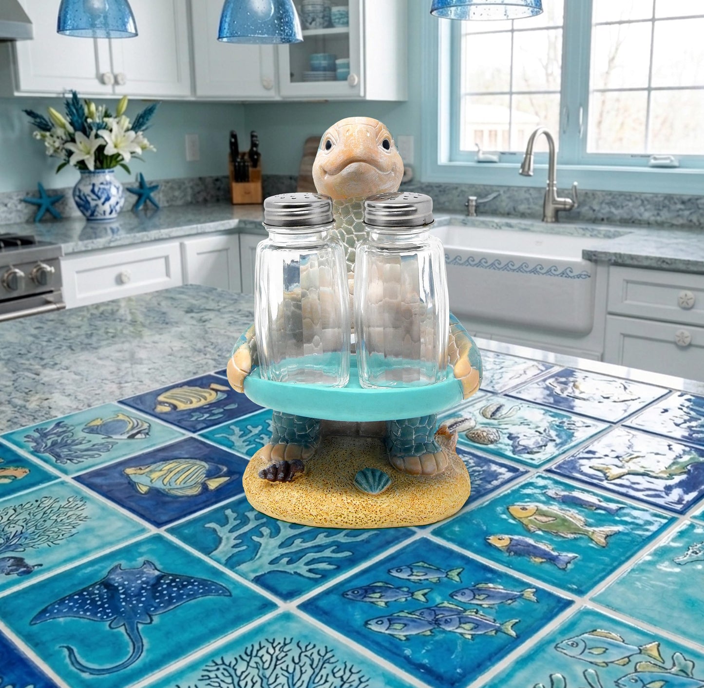 Sea Turtle Salt and Pepper Shakers Set with Holder, Coastal Beach Kitchen Table Decor, Ocean Themed Resin Figurine Set