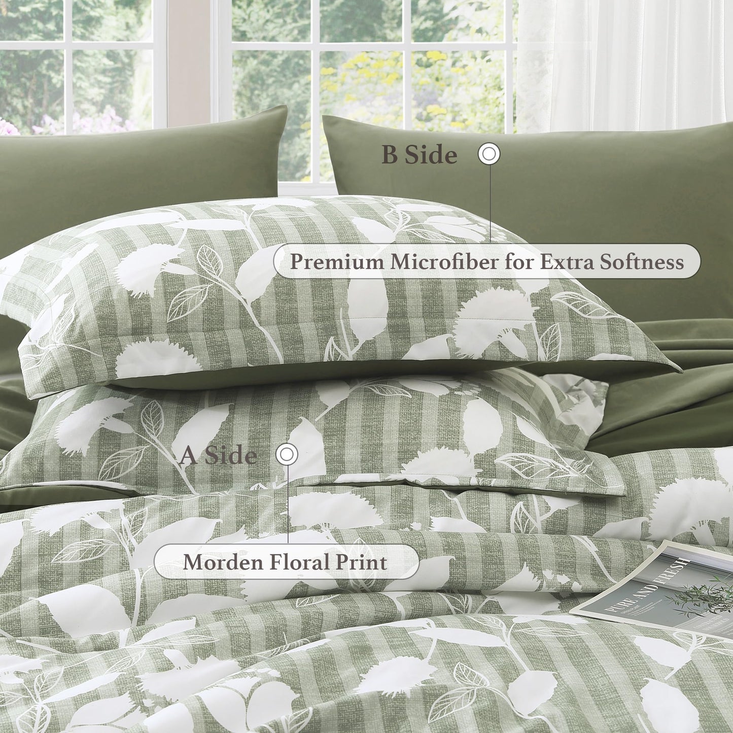BLOOMHAVEN Queen Comforter Set -7 Pieces Sage Green Floral Comforter Set for All Seasons, Bed in a Bag Queen with Botanical Flowers Comforter, Sheets, Pillowcases & Shams