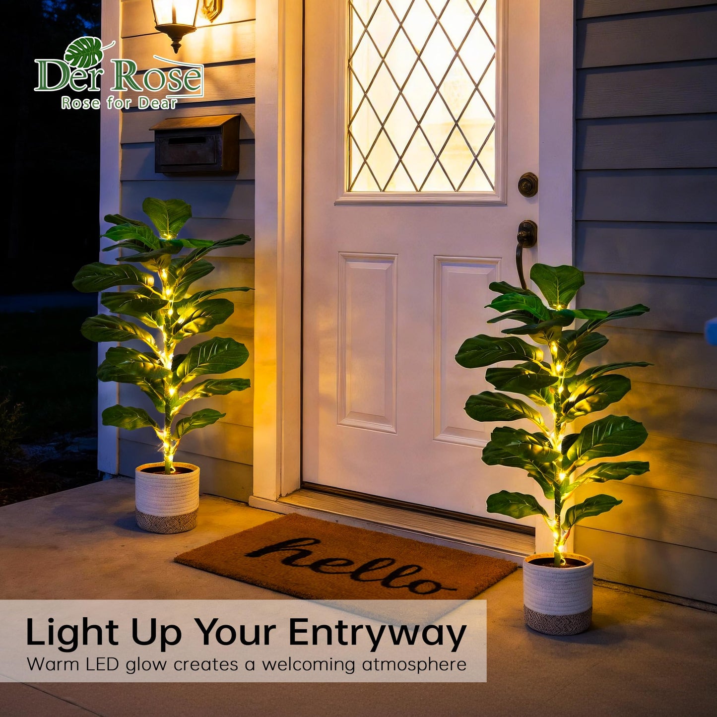 Der Rose 2 Pack 30" Artificial Fiddle Leaf Fig Tree with Warm LED Lights – Battery Powered, Mid-Size Fake Plants for Living Room, Bedroom, Entryway & Home Decor