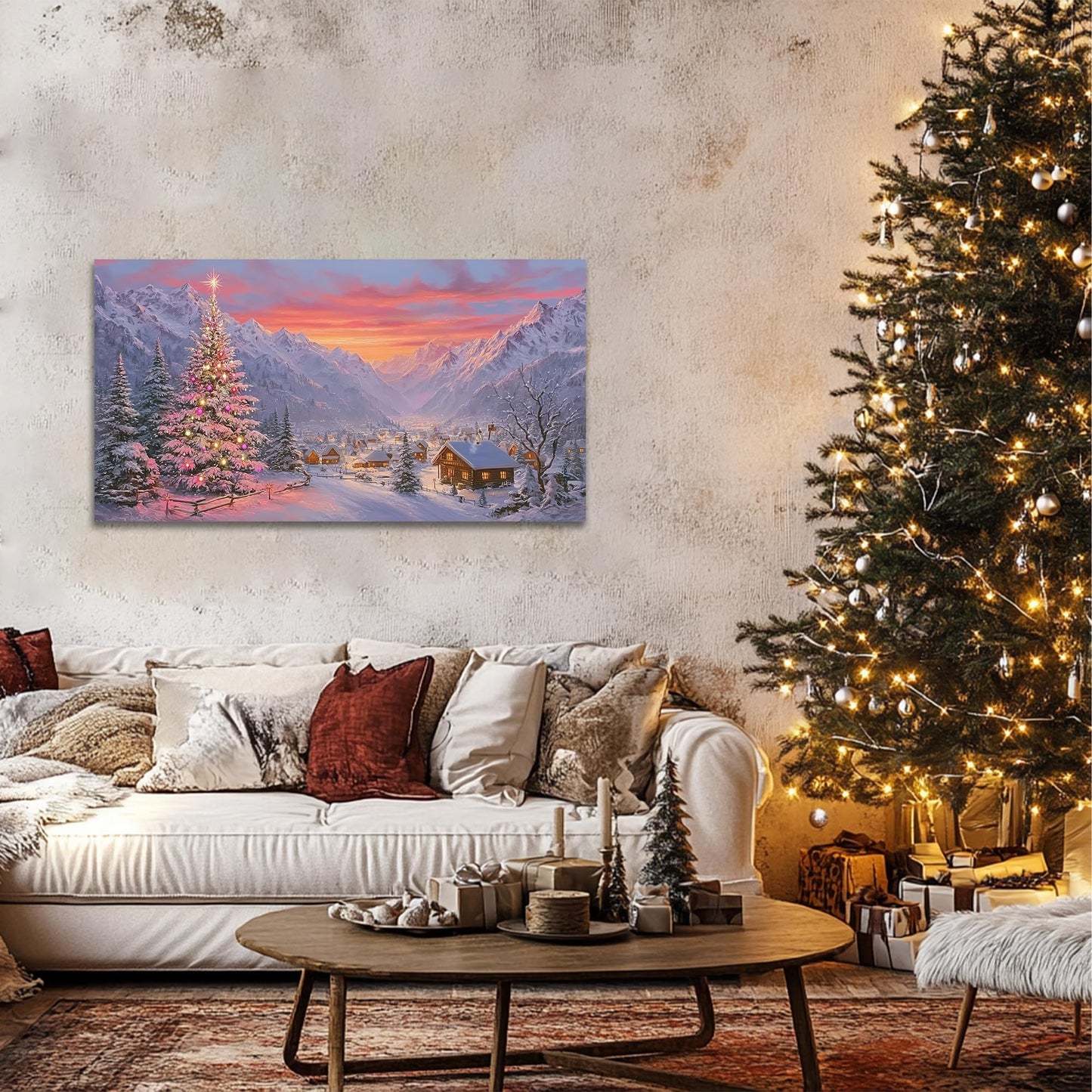 GUTTATY Christmas Canvas Wall Art, Santa Inspired Snow Scene Canvas Painting, Holiday Village Wall Decor, Festive Sunset Poster Print for Living Room, Bedroom, Indoor Christmas Decorations, 32x16 Inch
