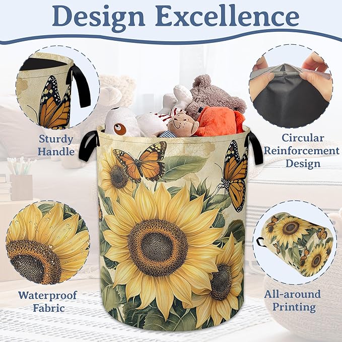 Vintage Sunflower Laundry Basket, Foldable Oxford Cloth Butterfly Laundry Hamper