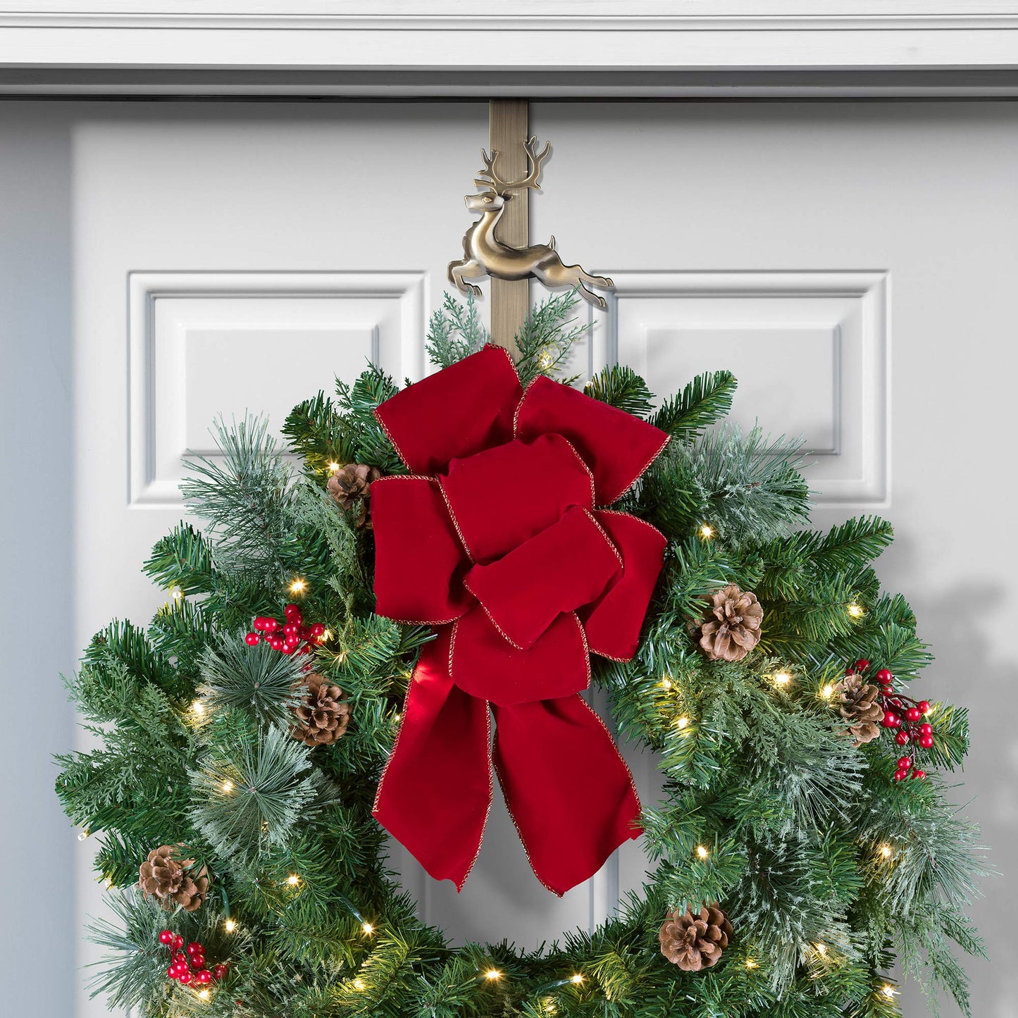 Haute Decor Adapt Adjustable Length Over The Door Wreath Hanger with Removable Icon (Antique Brass - Reindeer) for Christmas and Winter Holidays