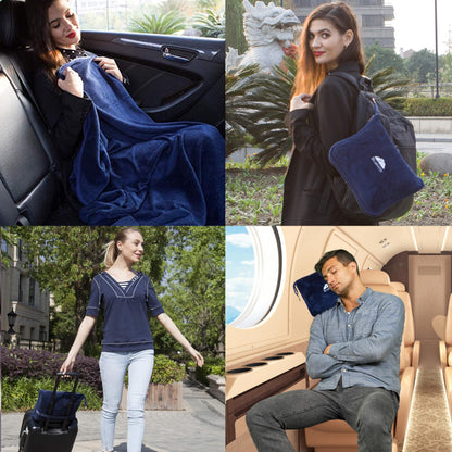 BlueHills Premium Soft Travel Blanket Pillow Airplane Blanket Packed in Soft Bag Pillowcase with Hand Luggage Belt Compact Pack Large Long Flight Essentials Portable Navy Blue T002