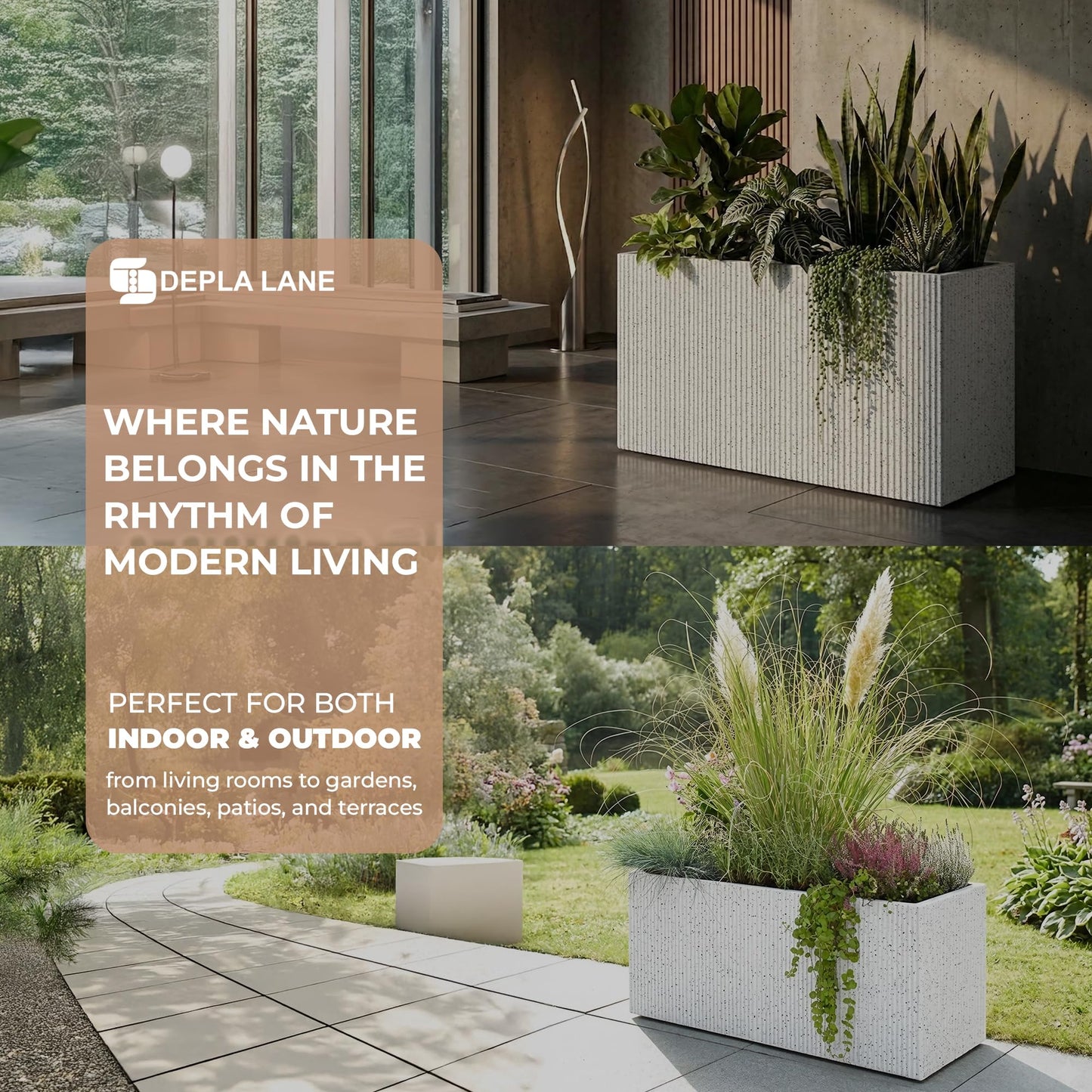 DEPLA LANE Trevano Fiberstone Rectangular Planter (26" L x 9.8" W x 15.7" H) Ribbed Finish, Removable Inner Pots, Lightweight, Durable, UV Resistant, Modern Indoor Outdoor Plant Pot (M, Ribbed White)