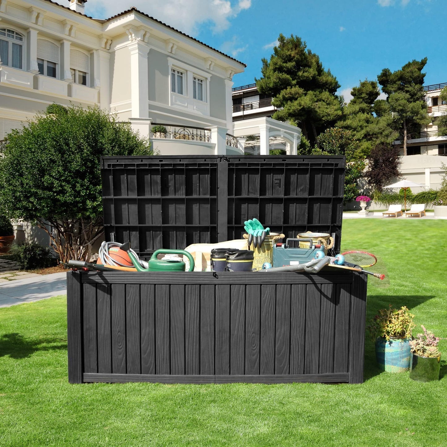 YITAHOME 180 Gallon Large Outdoor Storage XL Deck Box w/Divider for Patio Furniture,Outdoor Cushions, Garden Tools, Sports Equipment and Pool Supplies, Waterproof, Resin, Lockable, Black