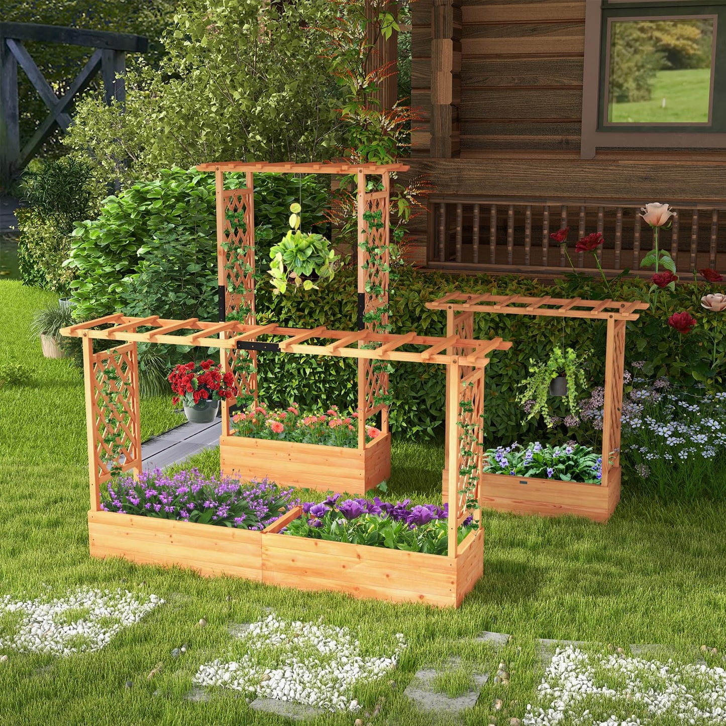 HAPPYGRILL Raised Garden Bed with Trellis, Freestanding Wood Planter Box w/Hanging Roof & 8 Drainage Holes for Vine, Climbing Plants, Flowers, Outdoor Planter with Trellis for Garden, Patio, Yard