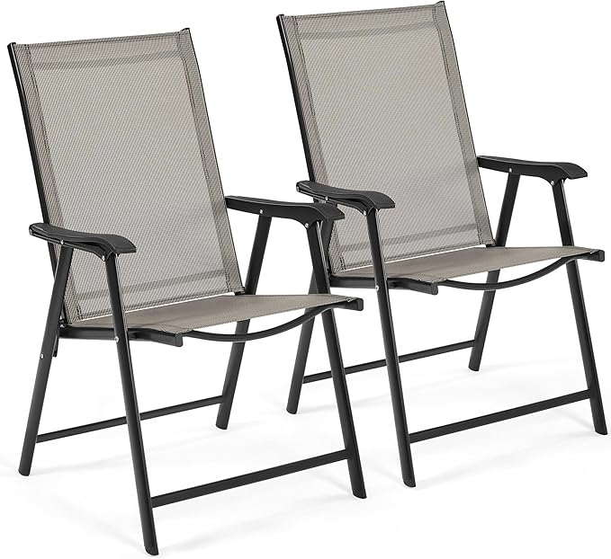 Yaheetech Patio Dining Chairs Set of 2, Portable Dining Chairs with Armrests for Camping, Lawn and Beach, Folding Patio Chairs 2-Pack of Metal Frame, Brown