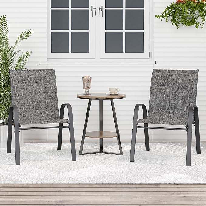 Patio Chairs Set of 2, Outdoor Dining Chairs Stackable for All Weather, Breathable Metal Modern Outside Furniture Chair for Pool Side, Garden, Backyard Deck, Dark Grey