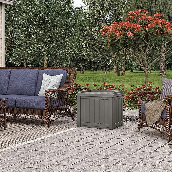 Suncast 2 Pack 22 Gallon Indoor or Outdoor Backyard Patio Small Storage Deck Box with Attractive Bench Seat and Reinforced Lid, Stone Gray