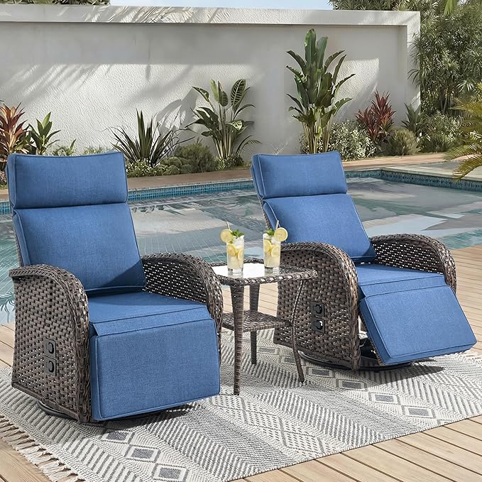 3 Pieces Zero Gravity Patio Swivel Rocking Recliner Chairs Set of 2 - Wicker Outdoor Lounge Chair with Side Table, Adjustable Backrest & Footrest, High Back Outdoor Recliner Chair for Pool Deck Blue