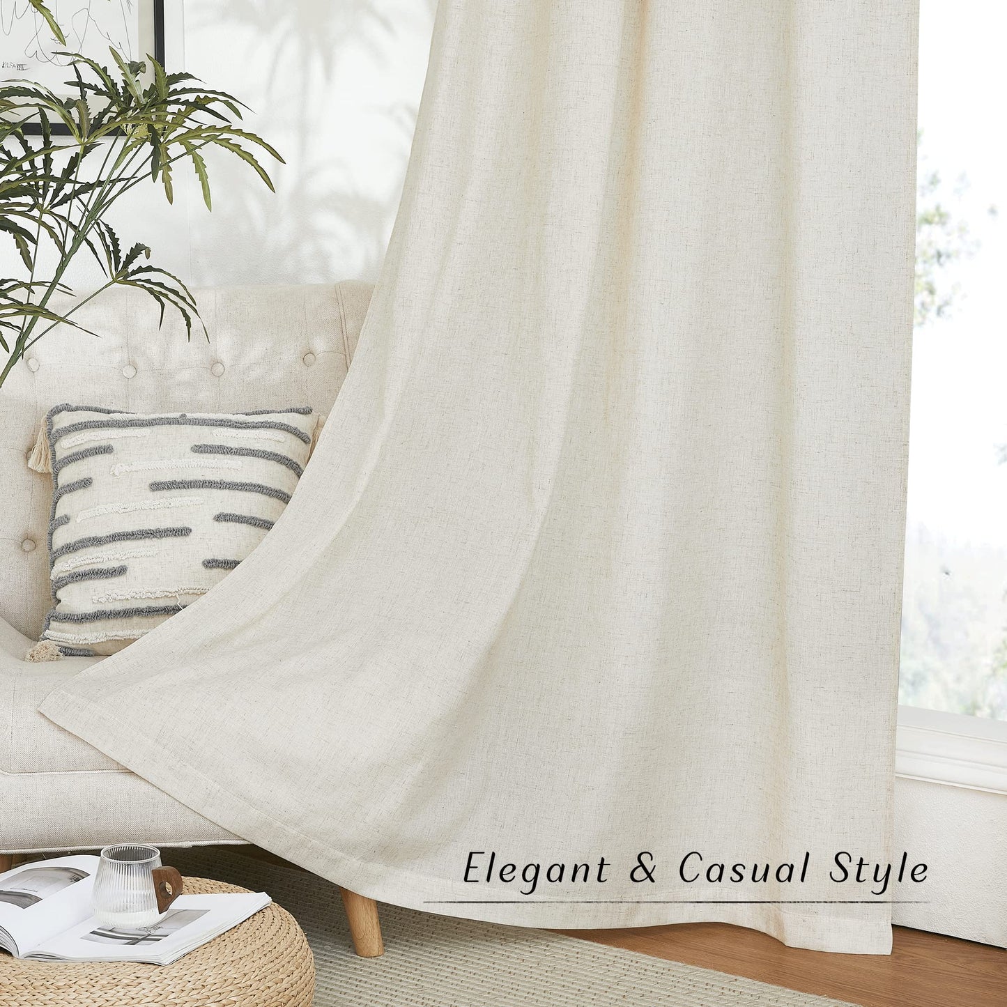 NICETOWN Natural Linen Curtains 84 inch Long 2 Panels Set, Grommet Top Thick Linen Burlap Semi Sheer Vertical Drapes Privacy Assured with Light Filtering for Bedroom/Living Room, W55 x L84