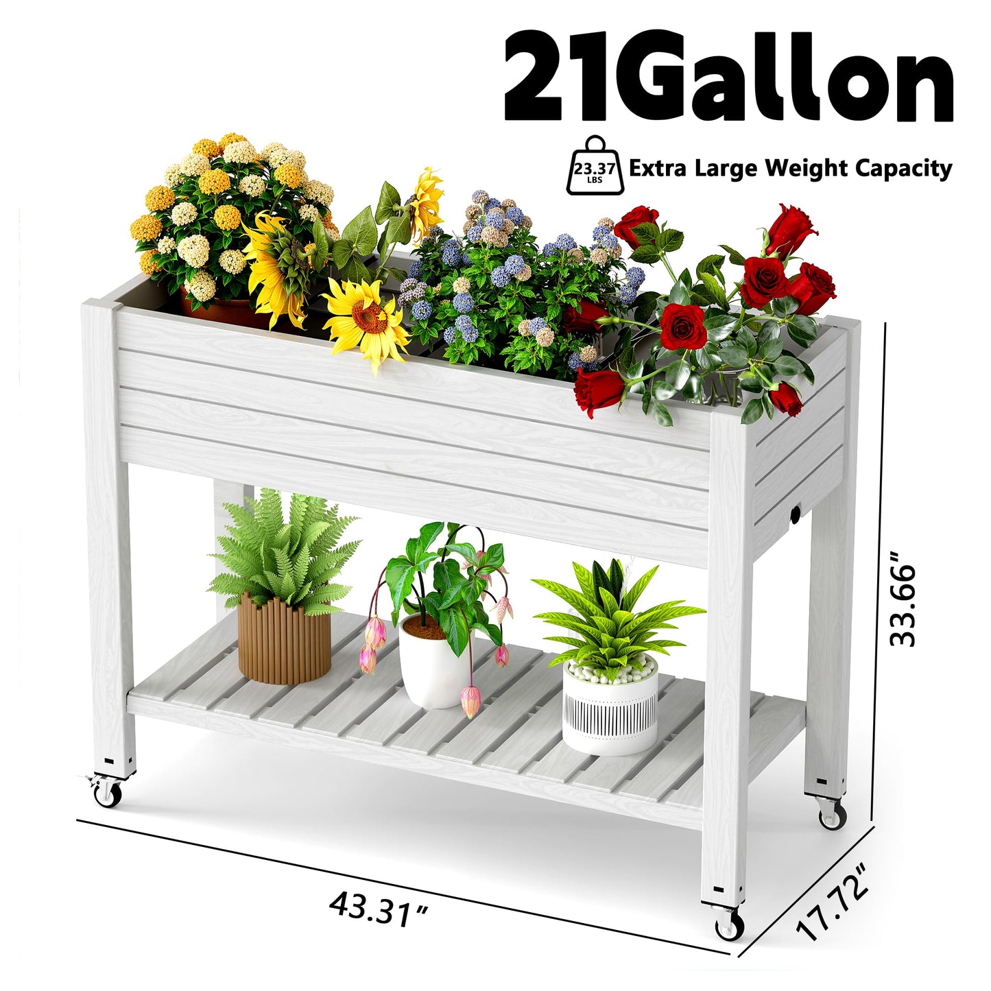EasyUp Elevated Horticulture Raised Garden Bed with Legs, Divisible Raised Resin Planter Box for Backyard, Patio, Balcony, with 4 Legs, 4 Swivel Lockable Wheels, and Storage Shelf,Ashen