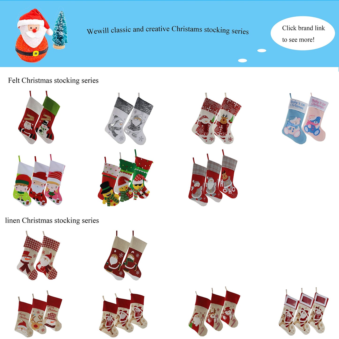 WEWILL Lovely Christmas Stockings Set of 3 Santa, Snowman, Reindeer, Xmas Character 3D Plush Linen Hanging Tag Knit Border, 17 Inch