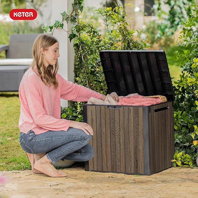Keter Signature Everwood 30 Gallon Resin Deck Box for Outdoor Storage – Weather‑Resistant Balcony & Patio Box for Cushions, Throw Pillows & Garden Tools, Walnut