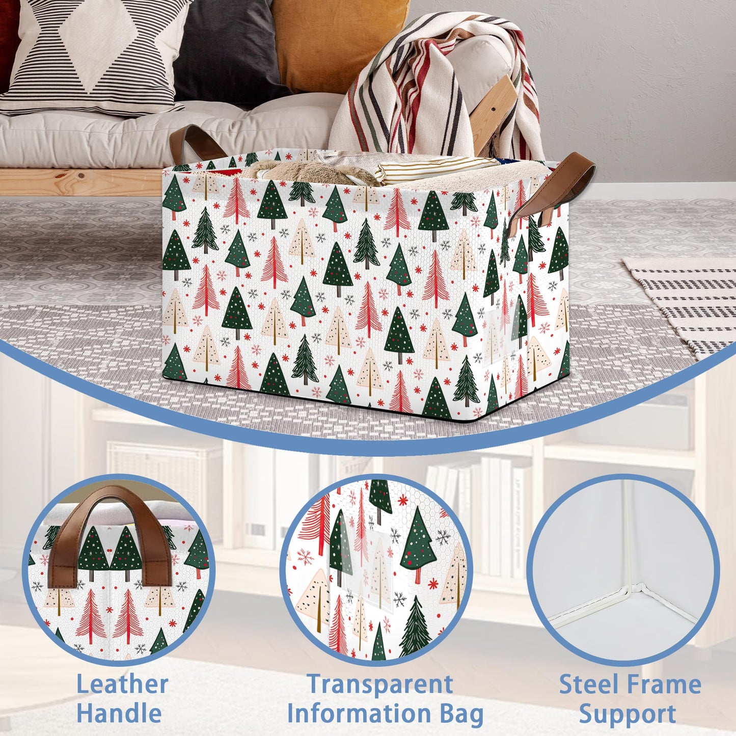 Masarua Christmas Tree Collapsible Storage Box,Winter Organizer Bin with Handles for Room Decoration,Bins Book Basket Box 17x11.5x10Inch