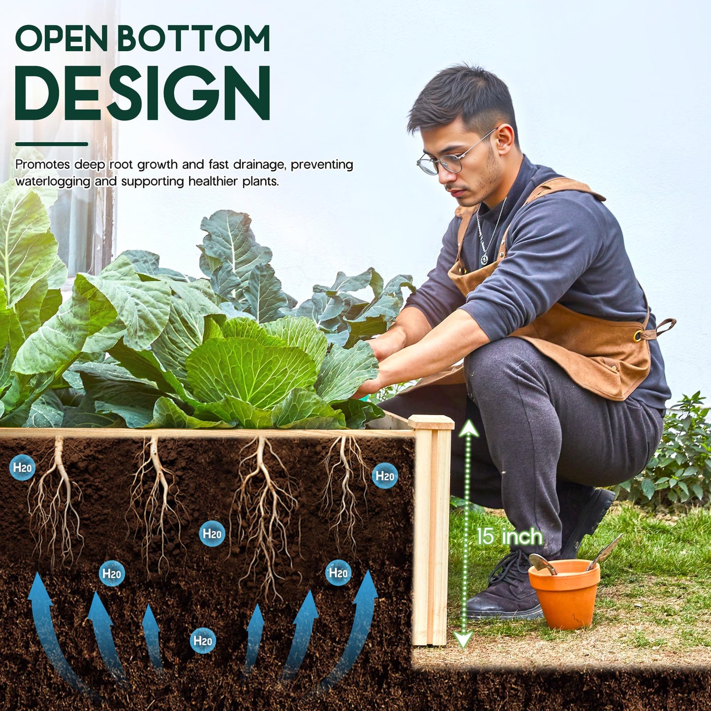 SPECRAFT 8x4 Ft Wood Raised Garden Bed, Durable 15 Inch Depth Planter Box for Vegetables, Herbs, and Flowers, Ideal for Outdoor Gardening with Open Base