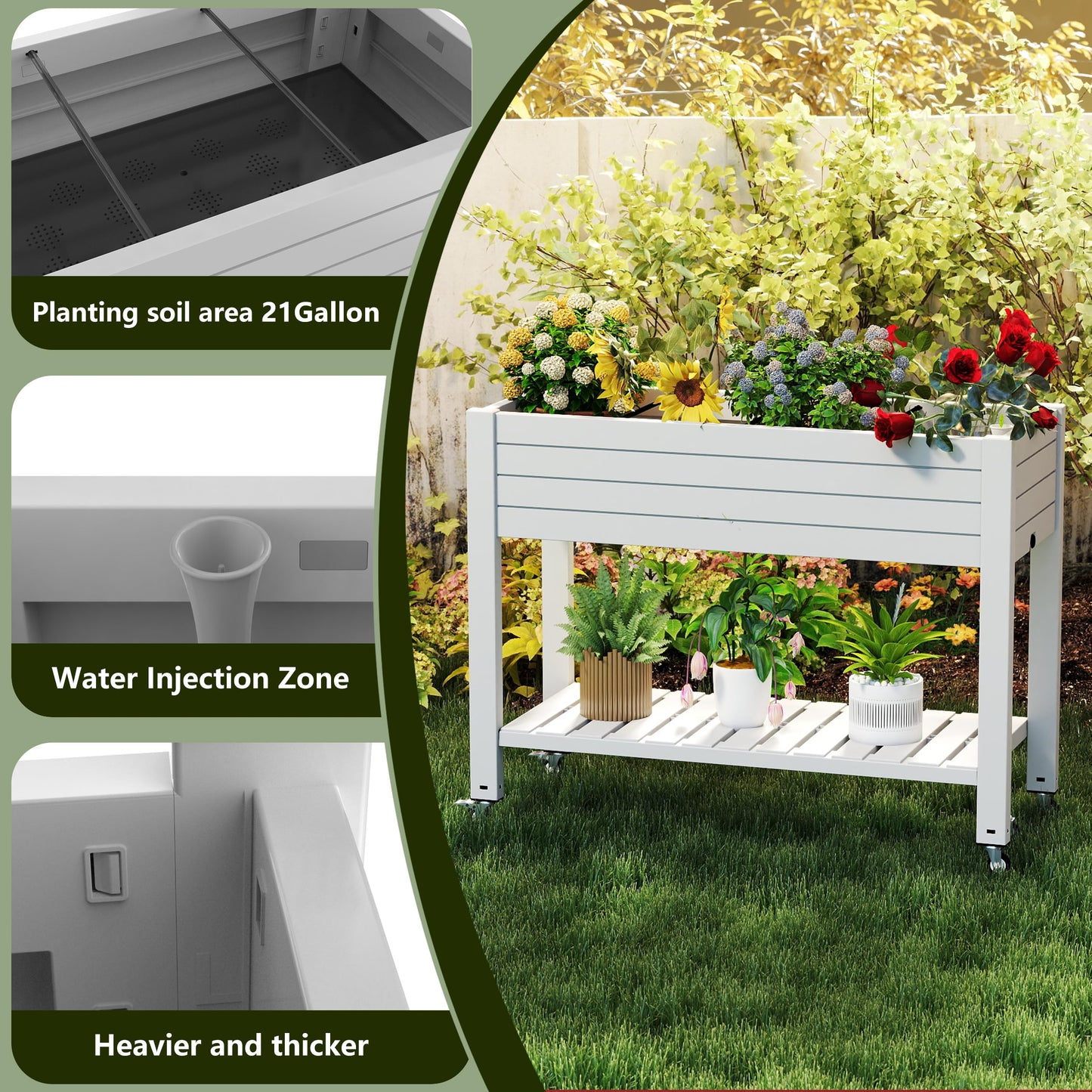 EasyUp Elevated Horticulture Raised Garden Bed with Legs, Divisible Raised Resin Planter Box for Backyard, Patio, Balcony, with 4 Legs, 4 Swivel Lockable Wheels, and Storage Shelf,Ashen
