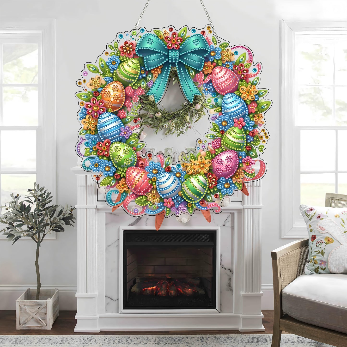 DIY Diamond Art Painting Wreath Kits，Special Shaped Rhinestone Hanging Ornament Diamond Art Window Pendants for Gift Home Garden Wall Hanging Kits,Double Sided (Easter Wreath)