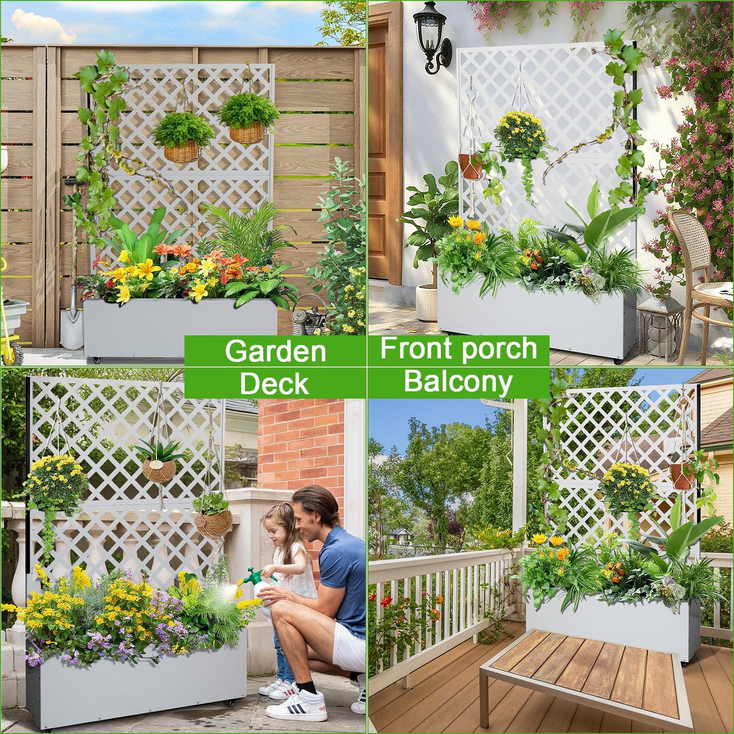 Metal Planter Box with Trellis Privacy Screen, Raised Garden Bed with Trellis & Wheels, Privacy Planters for Patio, Planter Box with Drainage Holes for Climbing Plants, Flower, 73"x 47"x 12", White