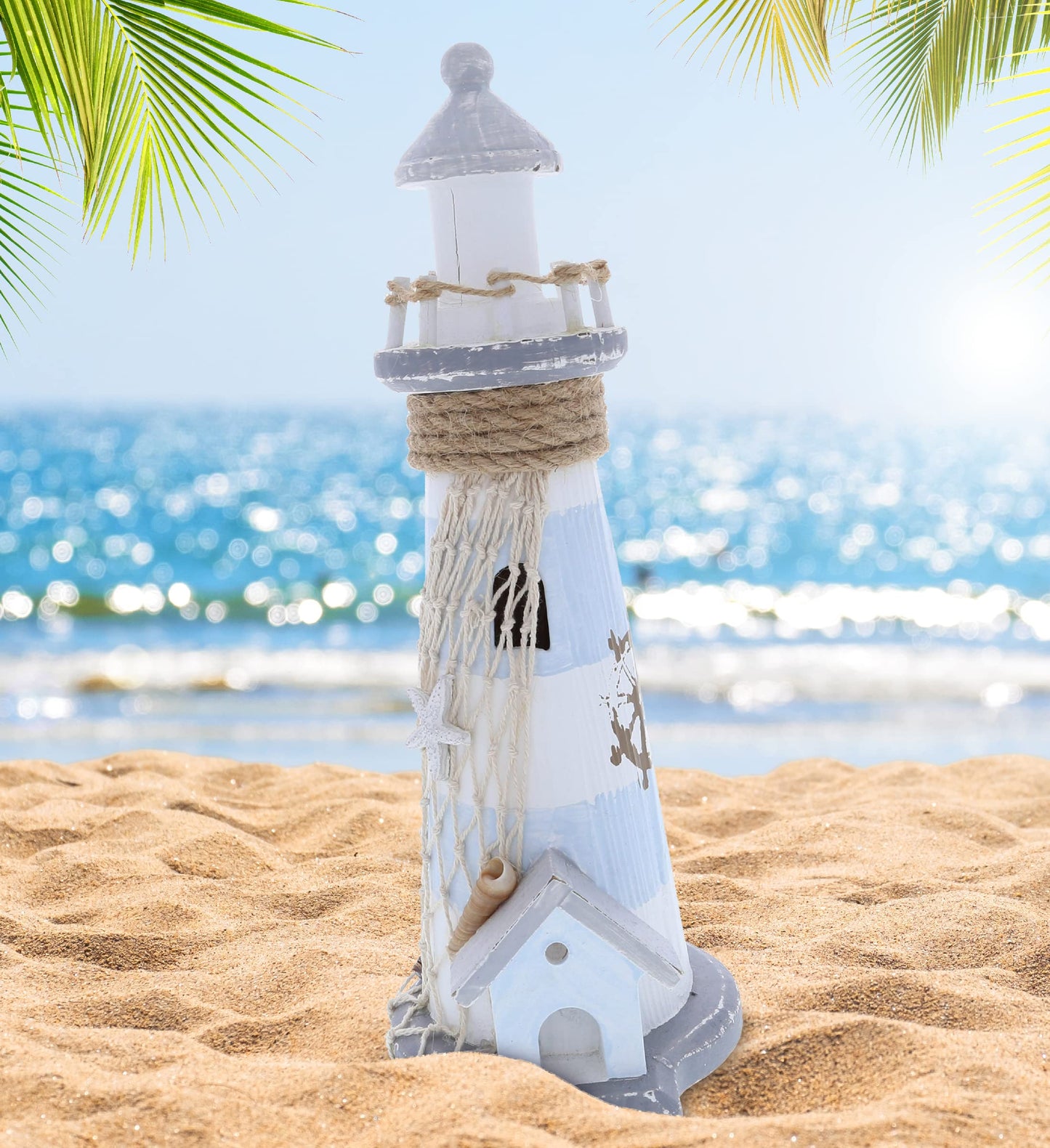 CoTa Global Moonlight Wooden Lighthouse Decor - Handcrafted Nautical Decor Light House with Fish Net Decoration and Cool Ocean Ornament Shells, Wooden Sculpture for Tabletop Centerpiece - 11.5 Inches