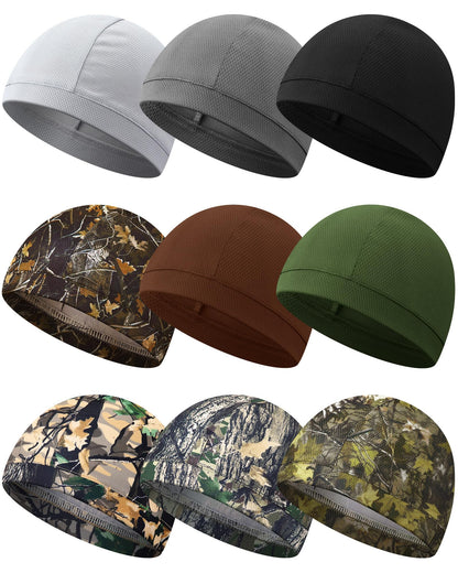 Jeere 9 Pcs Cooling Skull Cap Camo Liner Sweat Wicking Lightweight Cycling Cap Running hat for Men Women(Mixed,Military)