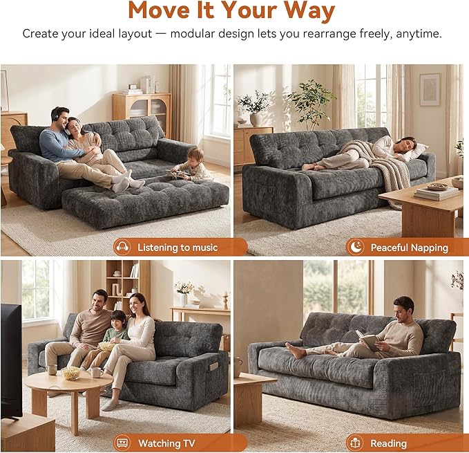 MONVANE 75.6" Convertible 3 Seater Sofa, Comfy Chenille Cloud Couch
