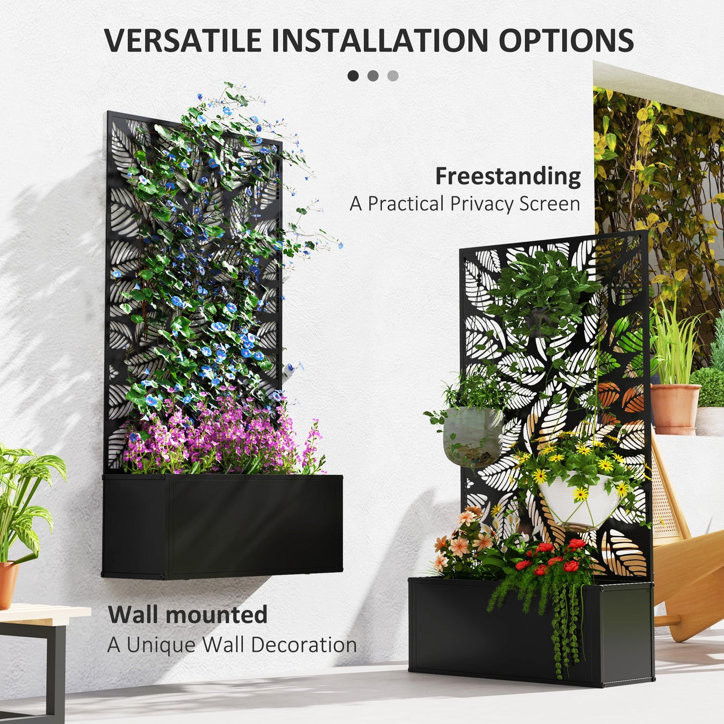 Outsunny Metal Raised Garden Bed with Trellis for Climbing Plants, Freestanding or Wall Mounted Flower Bed with Privacy Panel, Small Leaves Cut-Outs Outdoor Planter Box for Garden, Patio, Balcony