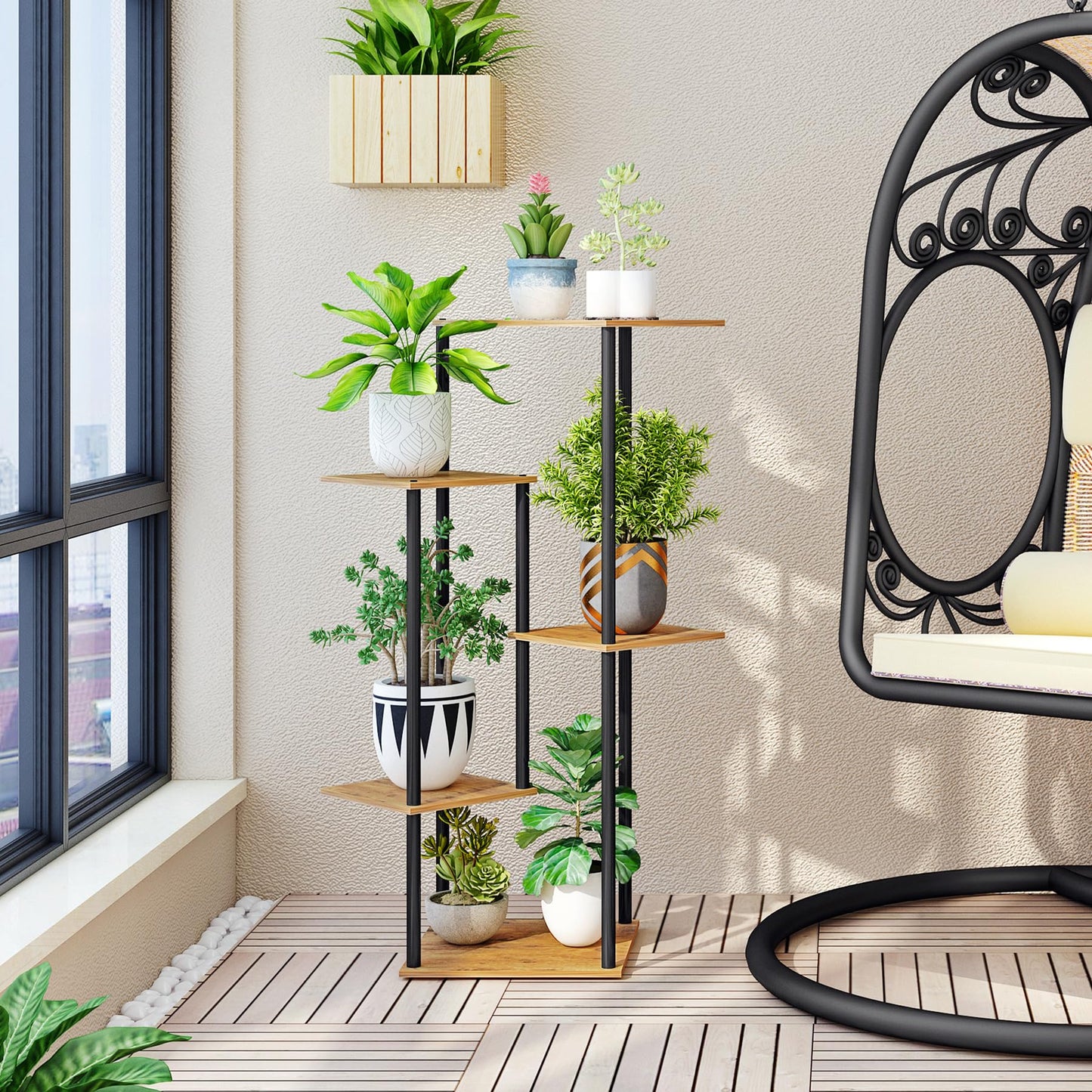HAYOFAMY 5 Tier Plant Stand Indoor, Tall Plant Shelf Metal Wood Multiple, Flower Pot Holder for Living Room Office Balcony Patio, Rustic Brown