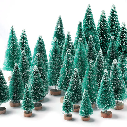 30Pcs Mini Christmas Trees - Artificial Christmas Tree Bottle Brush Trees,Sisal Snow Trees with Wooden Base for Christmas Decor Party Home Table Craft Decorations(Green)