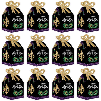 Big Dot of Happiness Mardi Gras - Square Favor Gift Boxes - Masquerade Party Bow Boxes - Set of 12