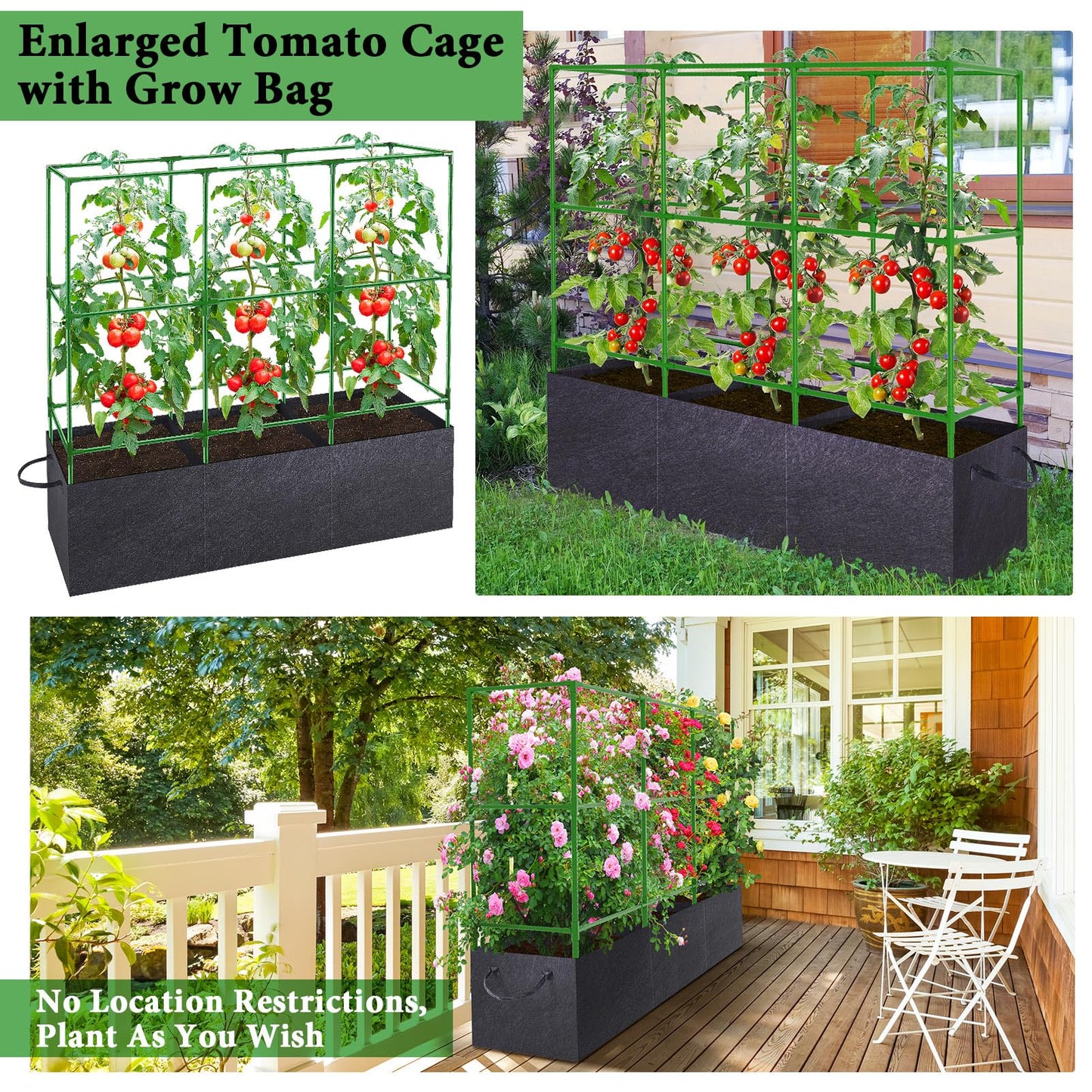 51x17x49 Inch Garden Tomato Cages with 46 Gallon Grow Bags, Square Plant Support Trellis Assembled with Planter Bags, Garden Cucumber Vegetables Frames for Vertical Climbing Plants