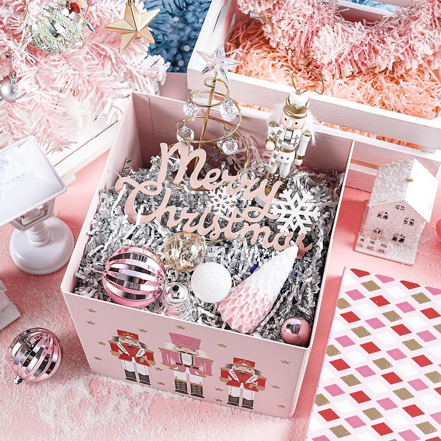 RUSPEPA Christmas Gift Box with Lid, Pink Nutcracker Soldier Design and Diamond Pattern Lid, Medium Collapsible Box with Ribbon, Tissue Paper for Girls, Gift Wrap, Candy Storage, 9x9x9 Inches, 1 Pcs