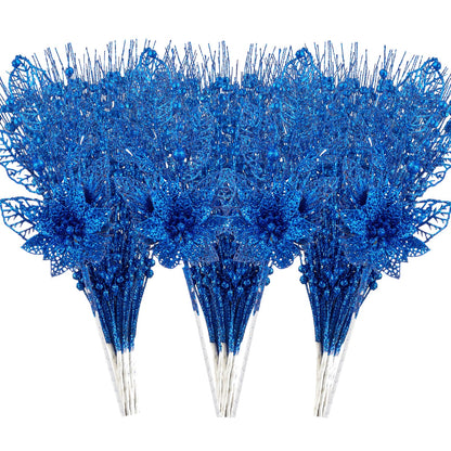 24 Pack Christmas Tree Ornaments - Artificial Flowers Glitter Berry Stems Christmas Floral Picks Branches for Xmas Tree Decorations Vase Filler Holiday Wedding Party Home Decor (Blue)