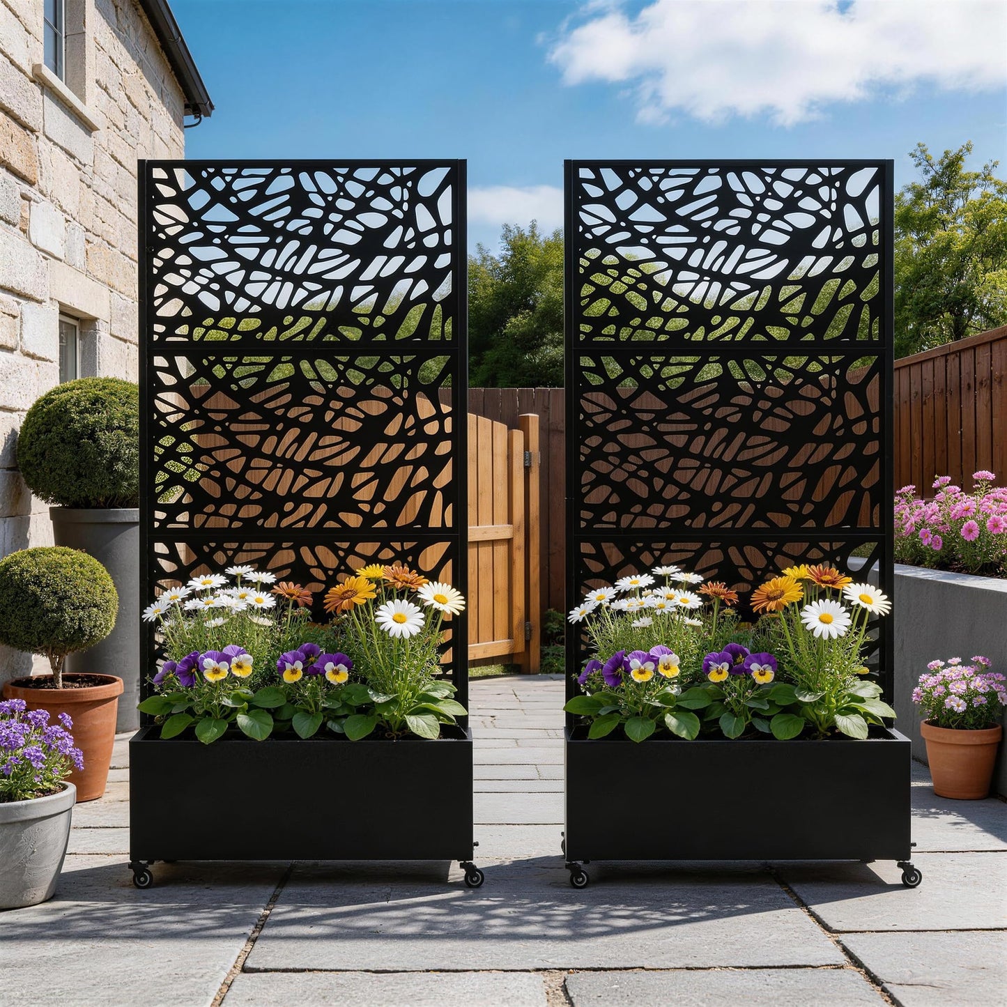 UIXE Metal Planter Box with Trellis, Outdoor Galvanized Raised Garden Bed with Privacy Screen & Drainage Holes, All Weather Lockable Casters Patio Planter for Backyard, Organic Fracture - 71"H x 35"W