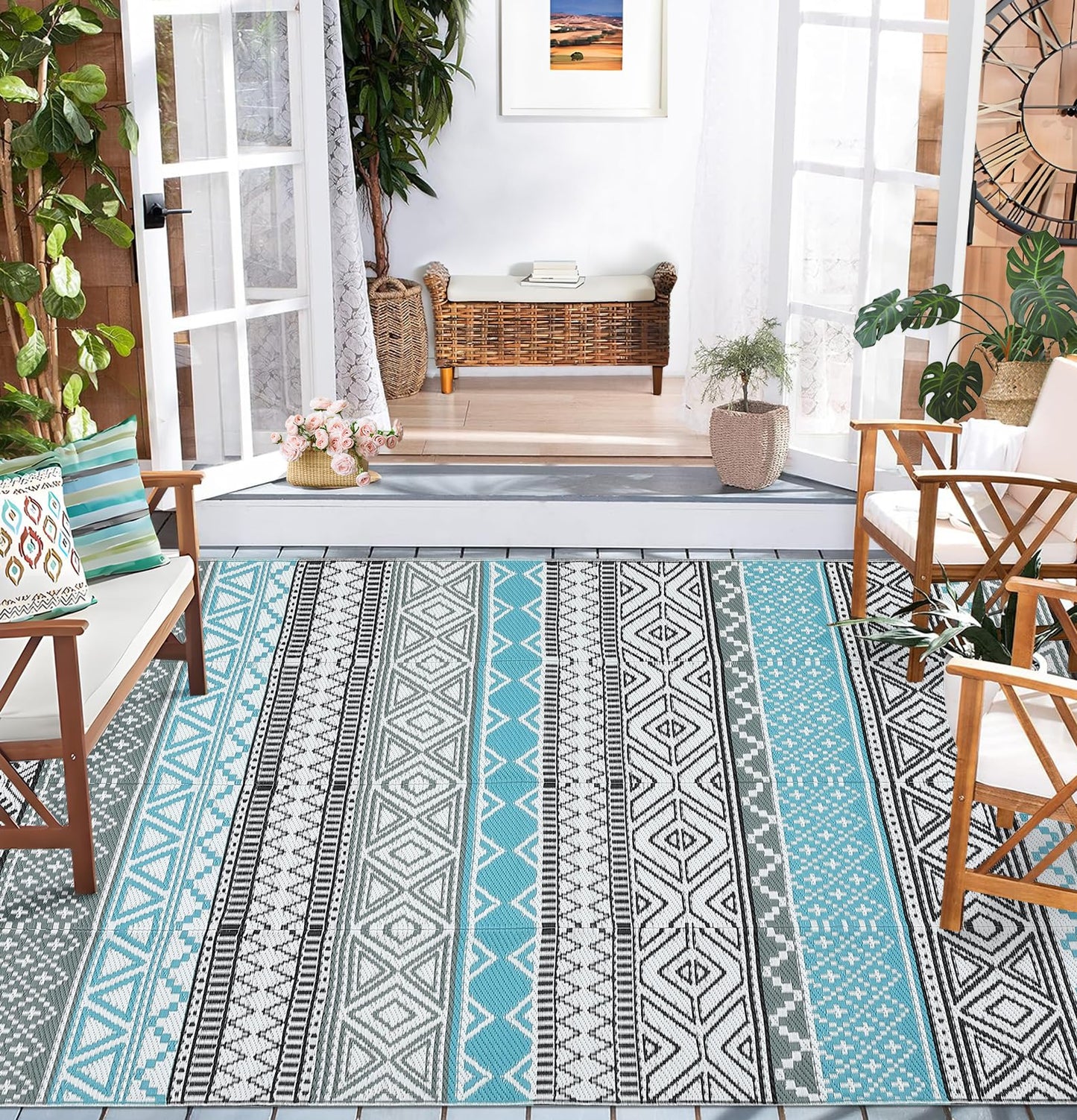 COZYLOOM Outdoor Rug for Patio 9x18 ft Waterproof Clearance, Reversible Indoor Outdoor Plastic Straw Camping Rug Carpet, RV Mat, Large Area Rug for Deck, Backyard, Balcony, Porch, Beach, Blue/Grey