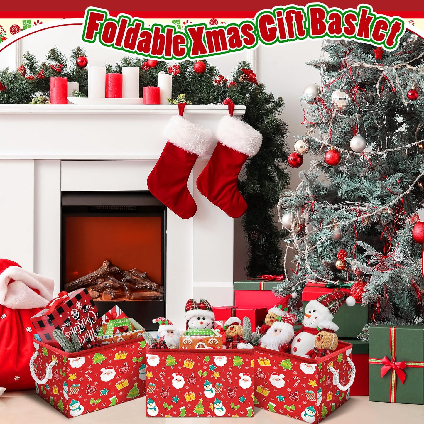 Acellegic 4 Pcs Large Christmas Storage Basket 15 x 10 x 9.5 Inch Foldable Christmas Storage Bins with Handles & Drawstring Lid Xmas Bins Cotton Laundry Organizer for Holiday Bedroom Home(Cheerful)