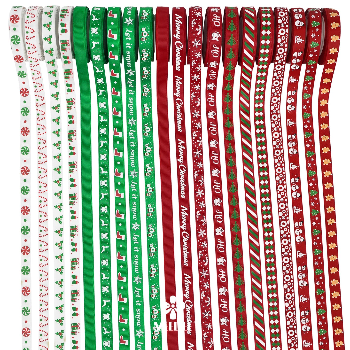 MEEDEE 3/8 inch 100 Yards Assorted Christmas Ribbon - Pack of 20 in Red, Green & White - Mix Grosgrain & Double Face Satin Ribbon for Holiday Décor, Gift Wrapping, Xmas Wreath Bow or Crafting Project